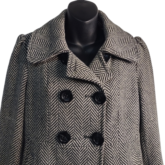 Vintage Guess Women's Pea Coat Black White Chevron Double Breasted Coat Size M - Picture 3 of 11